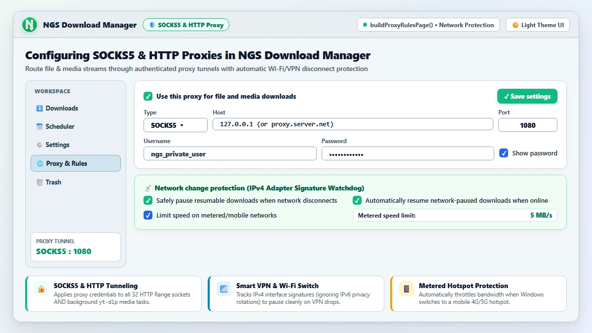 Configuring SOCKS5 & HTTP Proxies and Per-Website Rules in NGS Download Manager interface preview