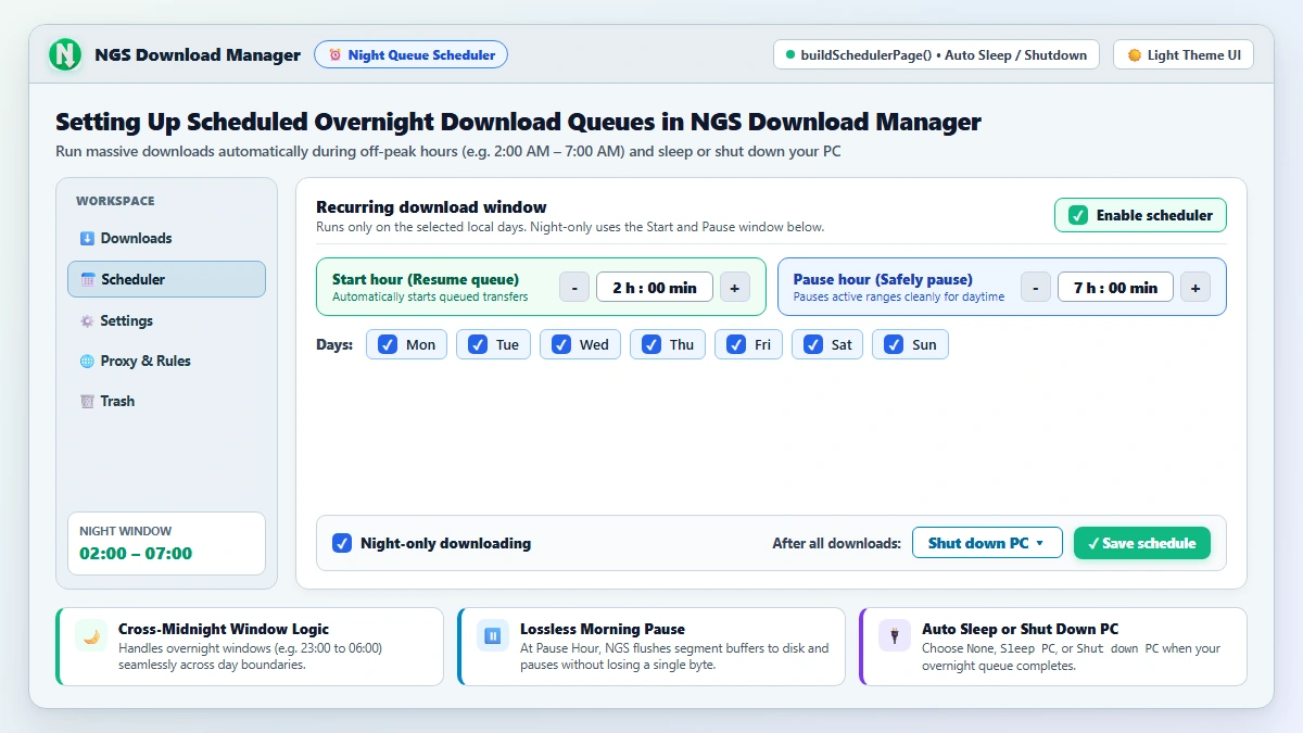 Setting Up Scheduled Overnight Download Queues & Auto-Shutdown in NGS Download Manager interface preview