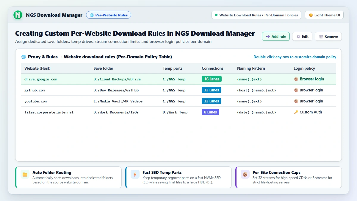 🌐 NGS Download Manager — Website Download Rules Table: Route specific domains to custom save folders with per-site connection caps.